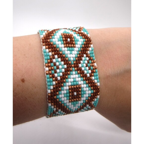 Loom Beaded Bracelet Brown w/ Vegan Leather - Picture 1 of 4